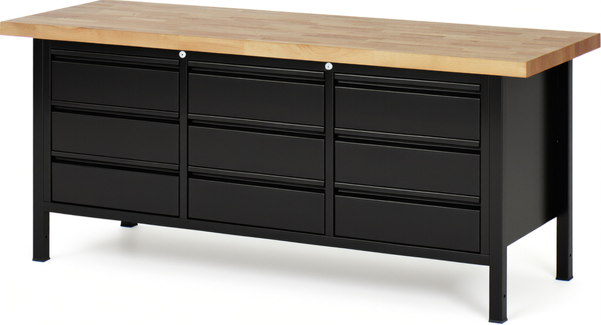 Werkbank schwarz, BxTxH 2000x700x840 mm, Platte Buche 40 mm, 9 Schbladen 180 mm, RAL 9011/9011