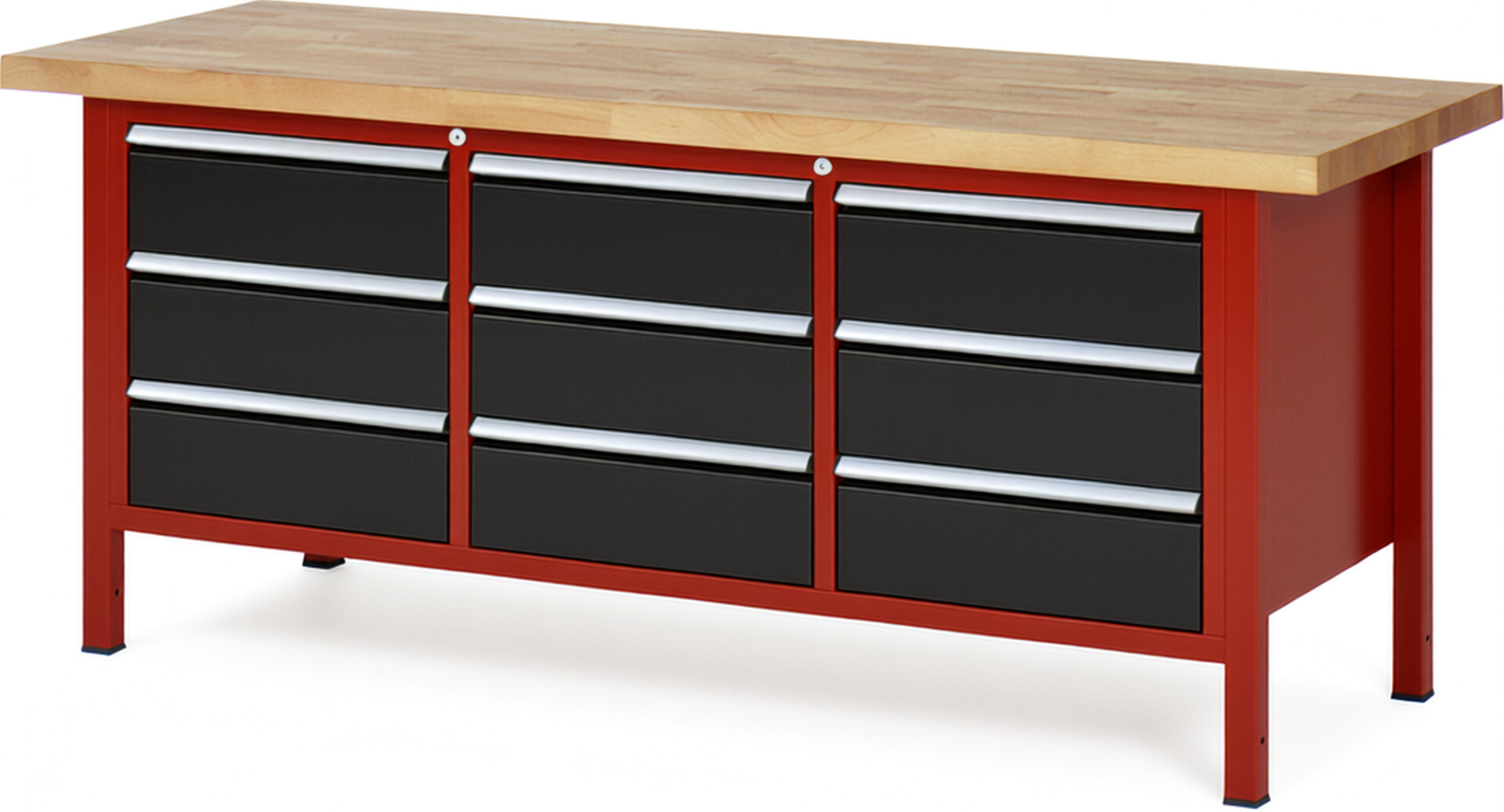 Werkbank Modell 8574 rot - schwarz, BxTxH 2000x700x840-1040 mm,  Buche-Massiv Arbeitsplatte 40 mm,  9 Schubladen mit  Vollauszug 100 % und  SoftClosing