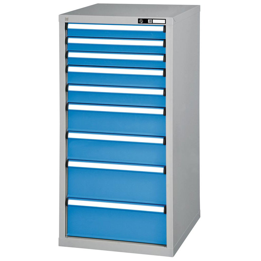 Schubladenschrank, 9 Schubladen: 3x75, 2x100, 2x150, 2x200 mm, BxTxH 578x600x1215 mm, RAL 7035/5012
