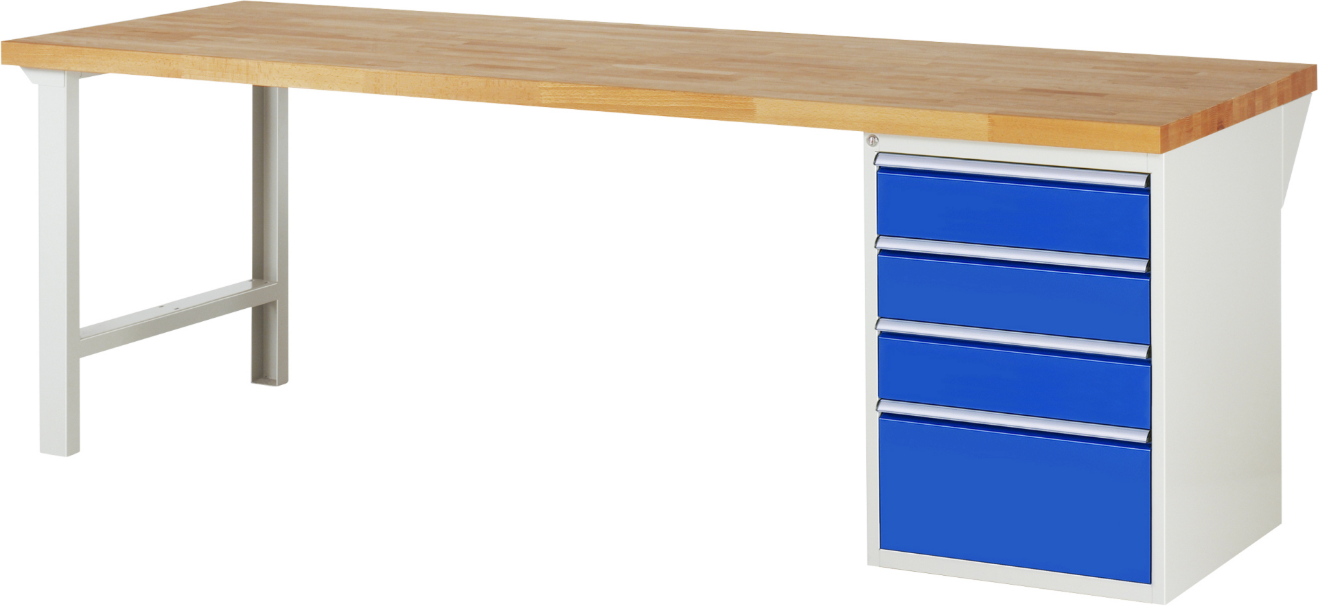 Werkbank Modell 7510,  BxTxH 2500x900x890 mm,  Buche-Massiv Arbeitsplatte 40 mm,  4 Schubladen mit  Vollauszug 100 % und  SoftClosing