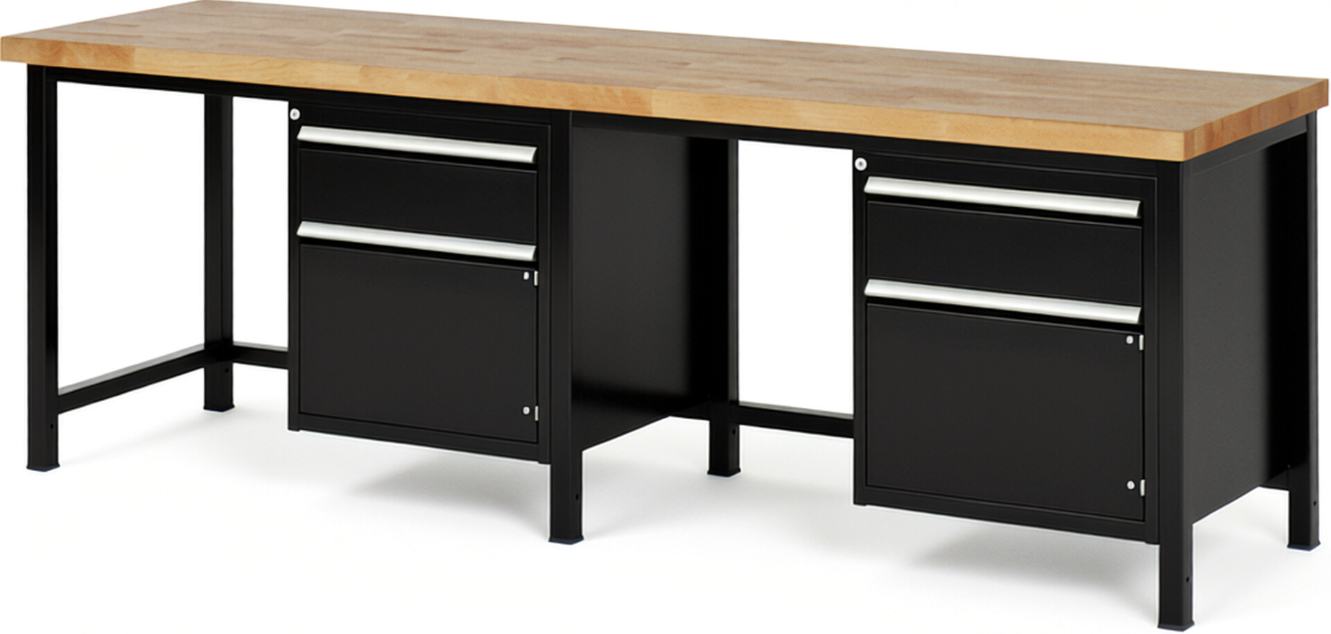 Werkbank Modell 8152 schwarz, BxTxH 2500x700x840-1040 mm,  Buche-Massiv Arbeitsplatte 40 mm,  2 Schubladen mit  Auszug 90 %