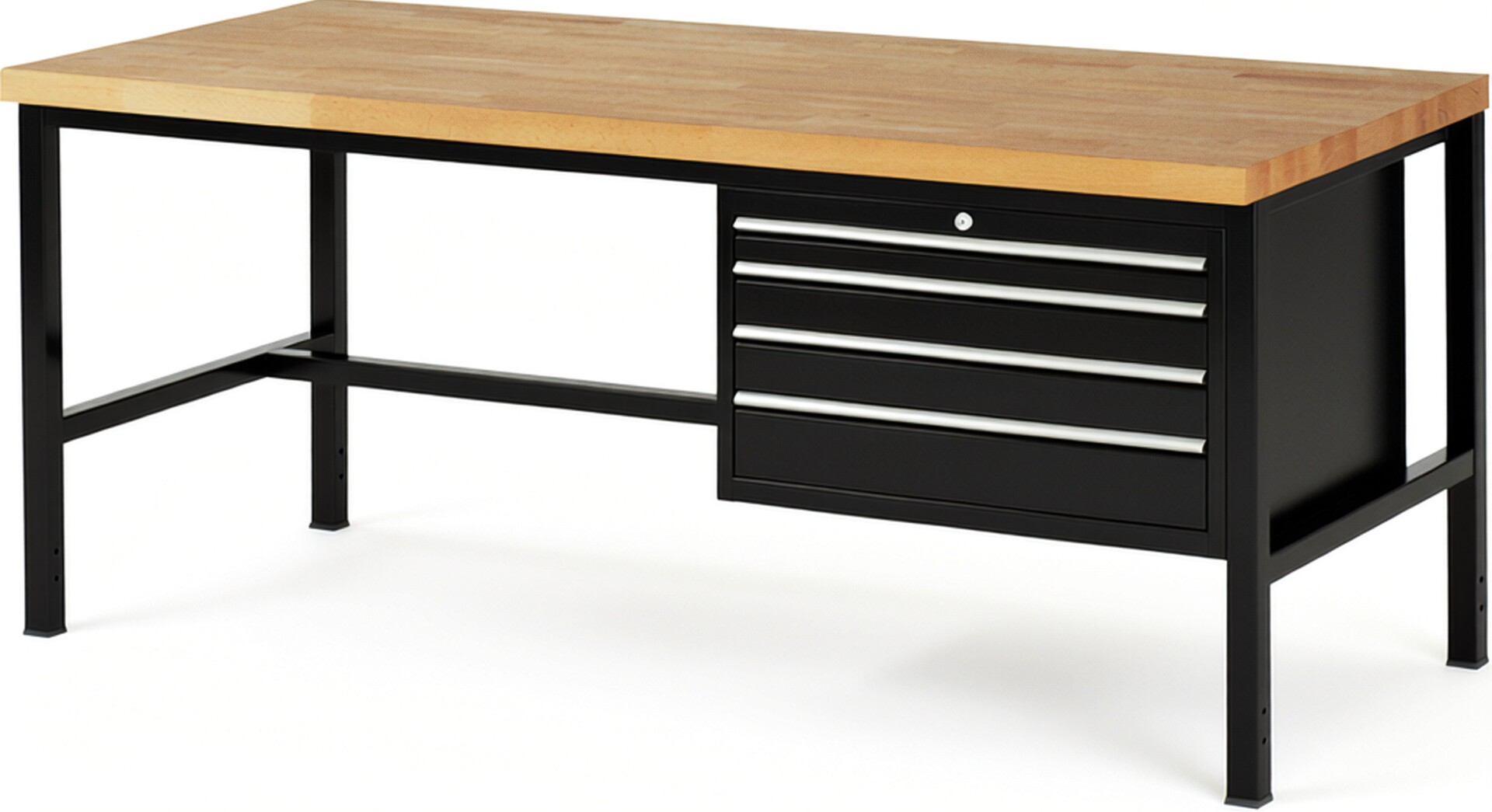 Werkbank Modell 8232 schwarz, BxTxH 2000x900x840-1040 mm,  Buche-Massiv Arbeitsplatte 40 mm,  4 Schubladen mit  Auszug 90 %