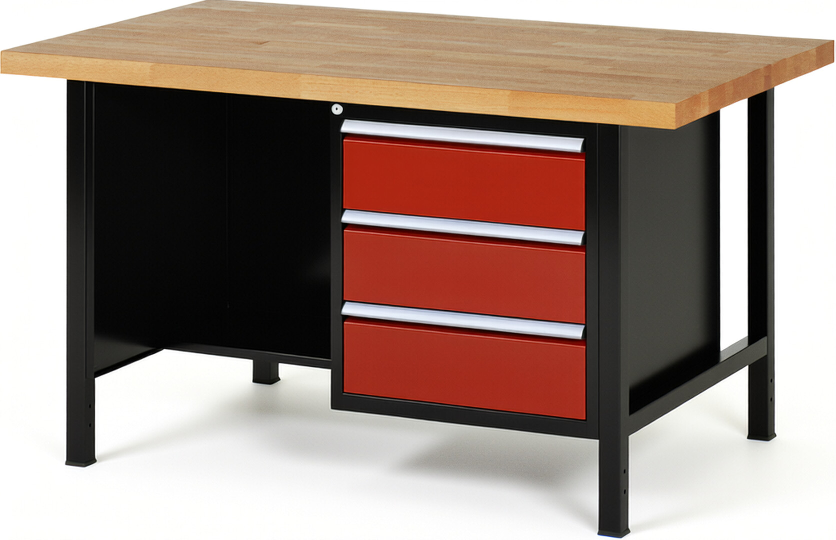 RAU Werkbank schwarz - rot - Breite 150 cm - Tiefe 90 cm - Höhe 84 cm - Buche-Massiv Arbeitsplatte 40 mm