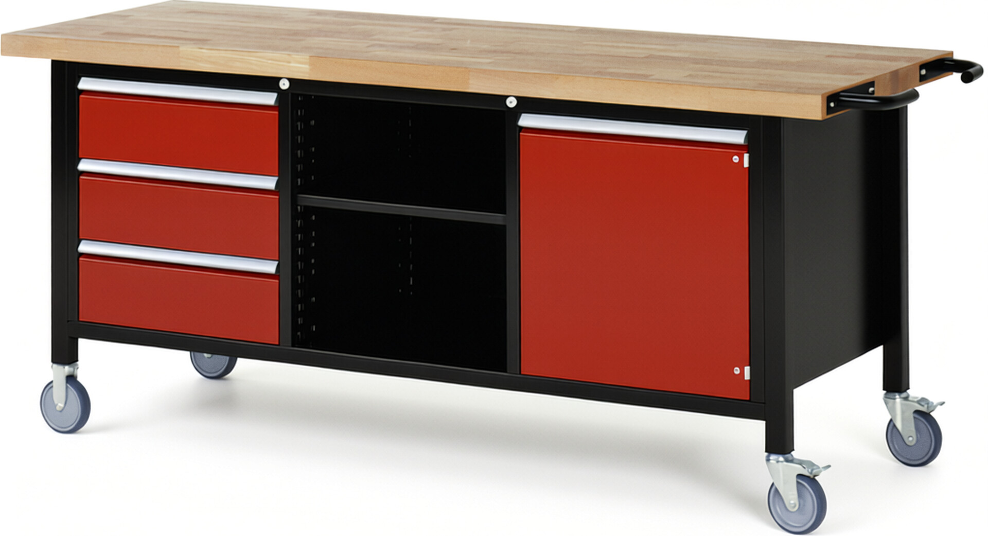 RAU Werkbank schwarz - rot - Breite 200 cm - Tiefe 70 cm - Höhe 108 cm - Buche-Massiv Arbeitsplatte 40 mm