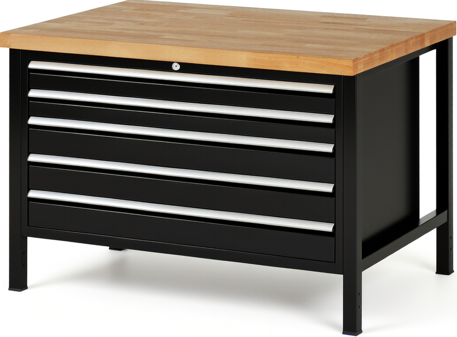 Werkbank Modell 8371 schwarz, BxTxH 1250x900x840-1040 mm,  Buche-Massiv Arbeitsplatte 40 mm,  5 Schubladen mit  Vollauszug 100 % und  SoftClosing