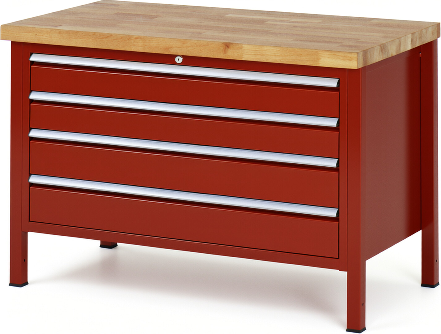 Werkbank Modell 8362 rot, BxTxH 1250x700x840 mm,  Buche-Massiv Arbeitsplatte 40 mm,  4 Schubladen mit  Vollauszug 100 % und  SoftClosing
