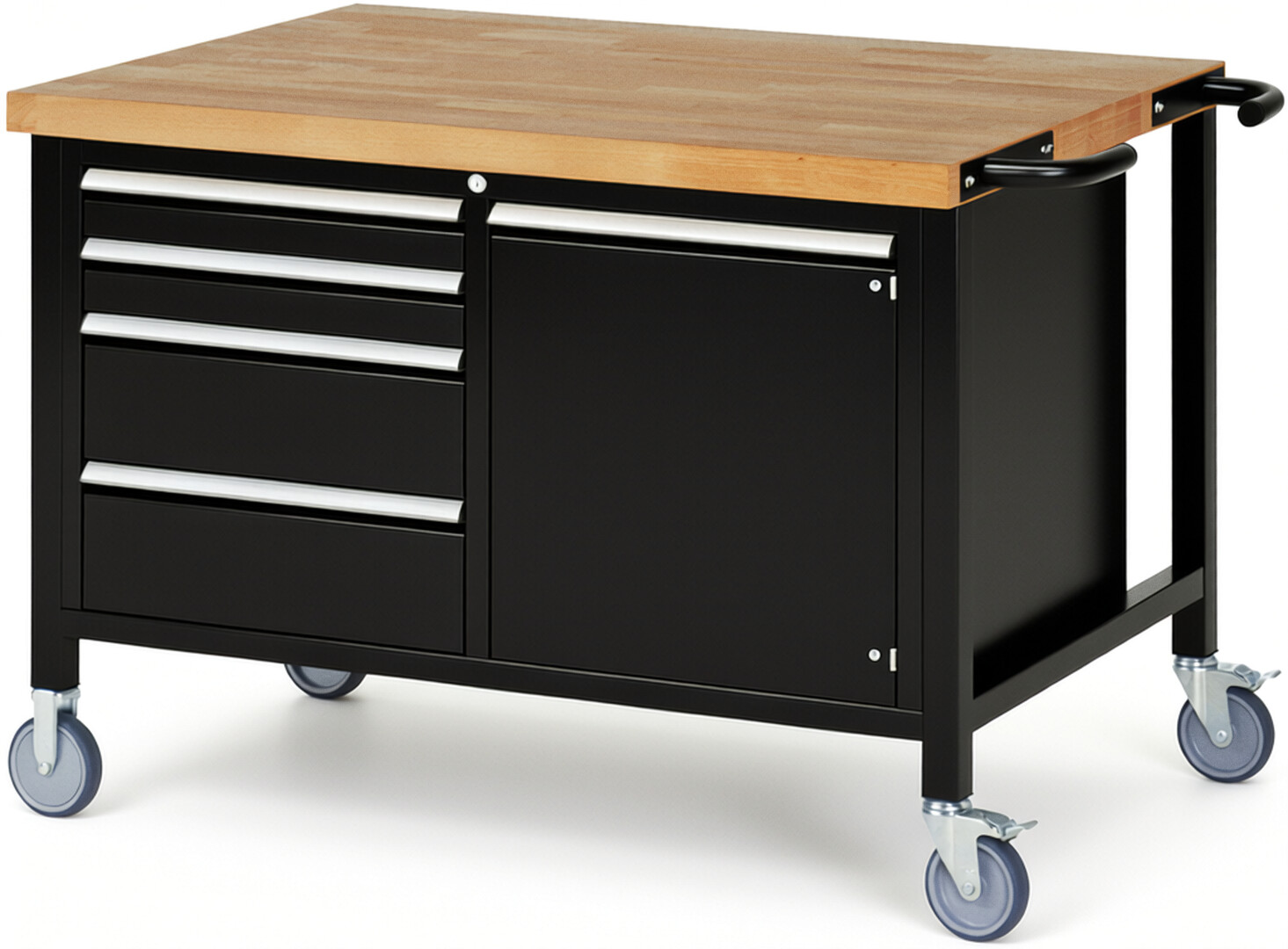 RAU Werkbank schwarz - Breite 125 cm - Tiefe 90 cm - Höhe 88 cm - Buche-Massiv Arbeitsplatte 40 mm