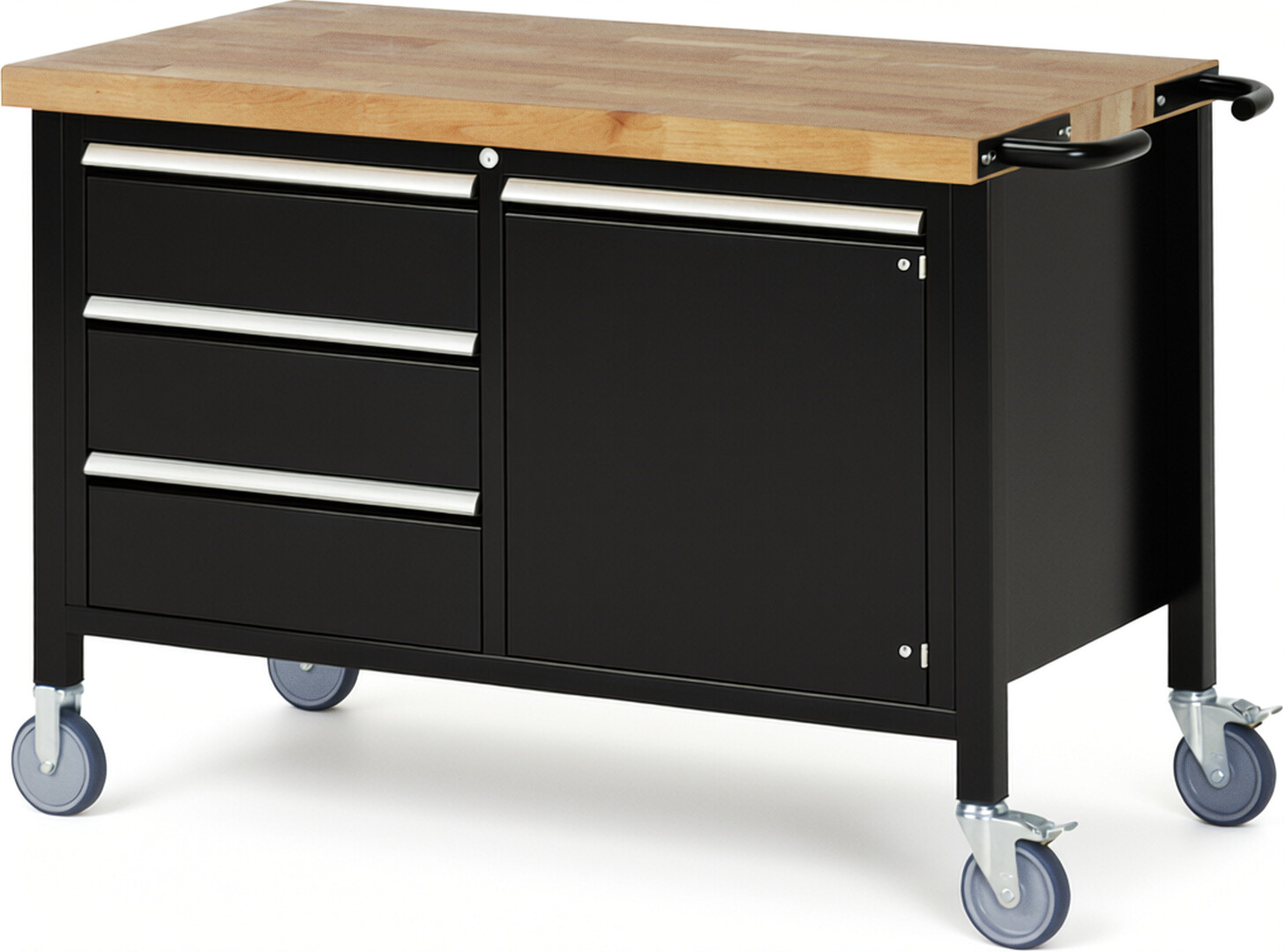 RAU Werkbank schwarz - Breite 125 cm - Tiefe 70 cm - Höhe 88 cm - Buche-Massiv Arbeitsplatte 40 mm