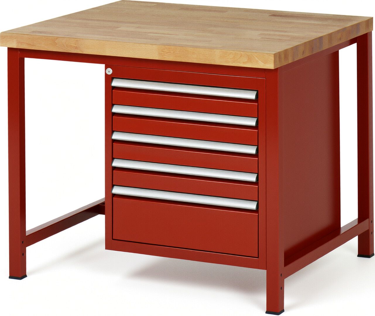Werkbank Modell 8168 rot, BxTxH 1000x900x840-1040 mm,  Buche-Massiv Arbeitsplatte 40 mm,  5 Schubladen mit  Vollauszug 100 % und  SoftClosing