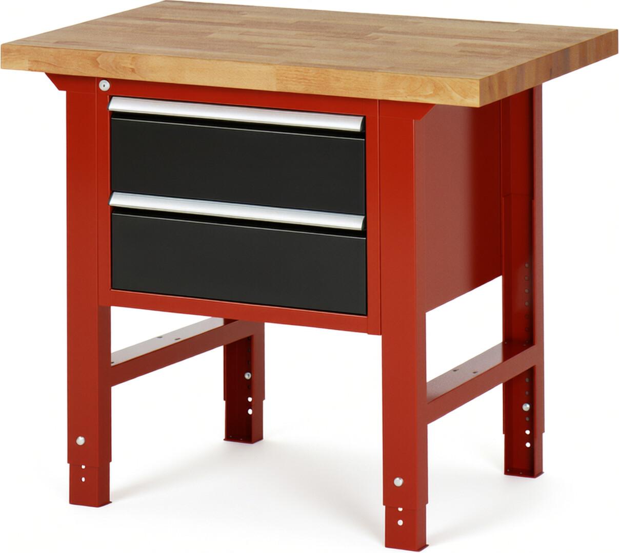 Werkbank Modell 7125 rot - schwarz, BxTxH 1000x700x790-1140 mm,  Buche-Massiv Arbeitsplatte 40 mm,  2 Schubladen mit  Auszug 90 %