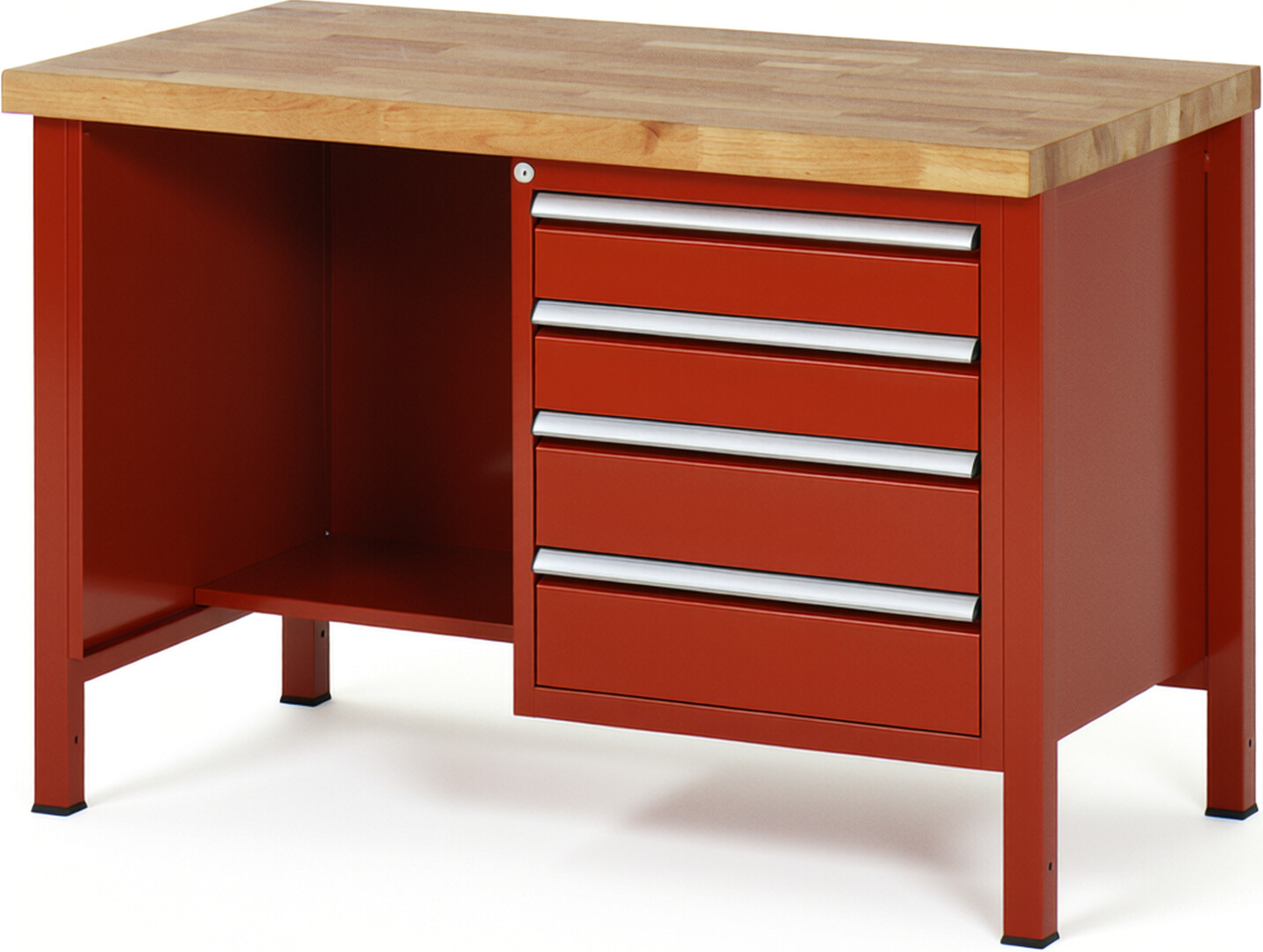 Werkbank Modell 8453 rot, BxTxH 1250x700x840-1040 mm,  Buche-Massiv Arbeitsplatte 40 mm,  4 Schubladen mit  Auszug 90 %