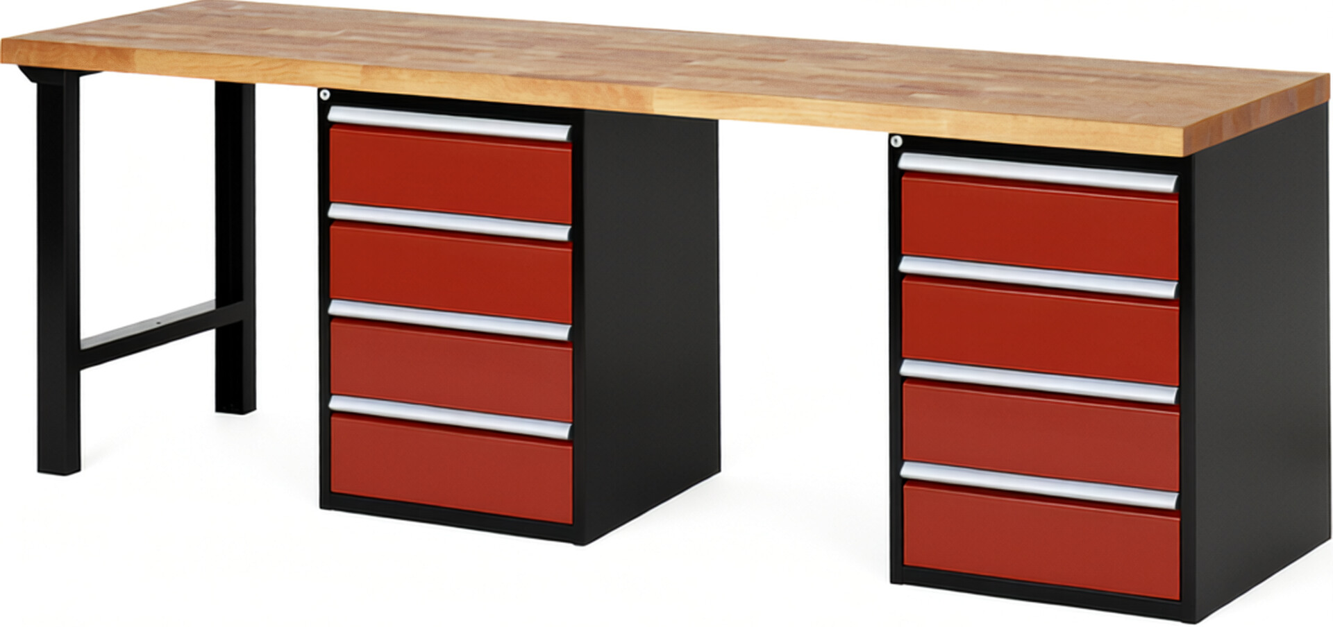 RAU Werkbank schwarz - rot - Breite 250 cm - Tiefe 70 cm - Höhe 89 cm - Buche-Massiv Arbeitsplatte 40 mm