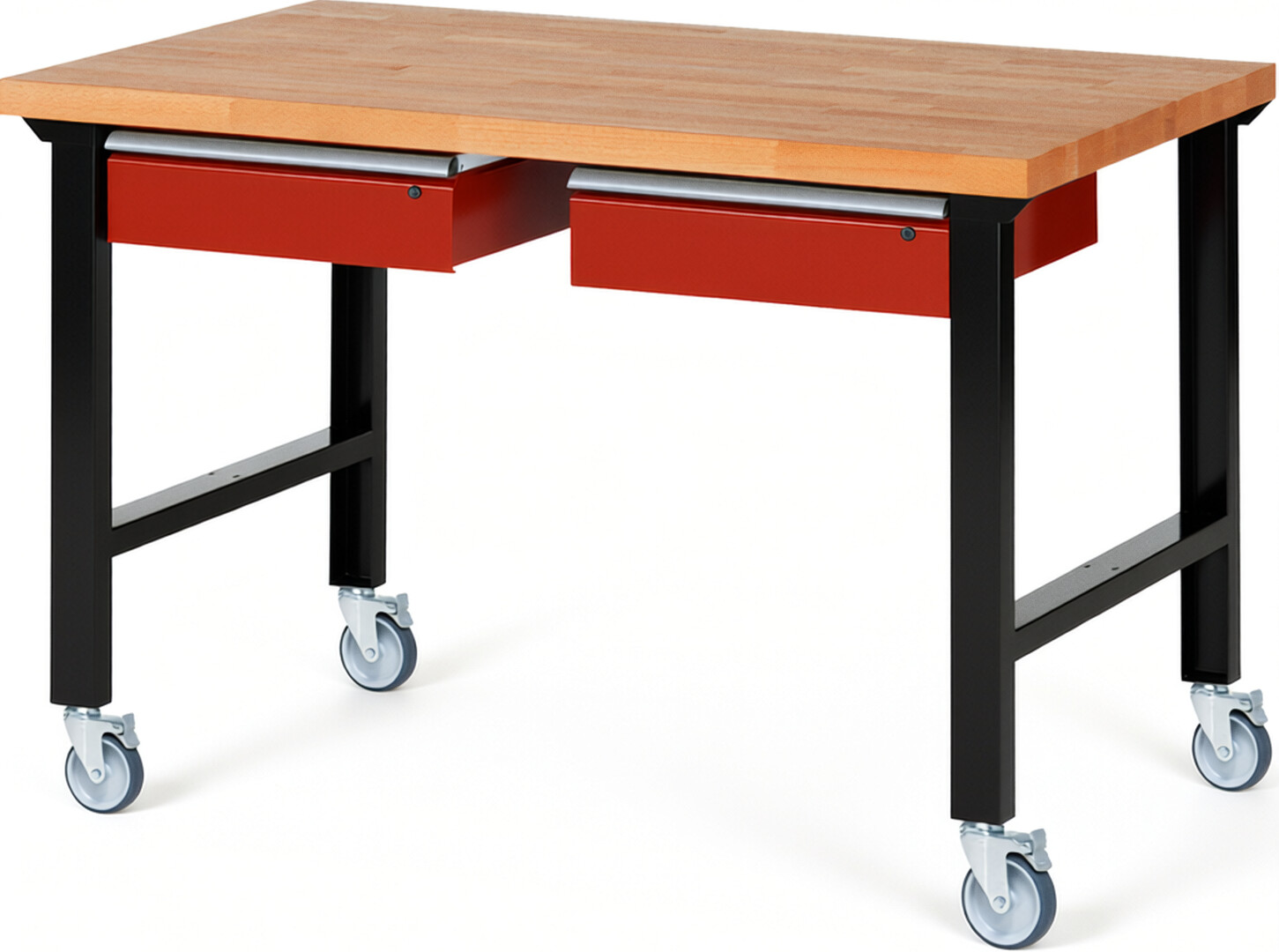 RAU Werkbank schwarz - rot - Breite 150 cm - Tiefe 90 cm - Höhe 100 cm - Buche-Massiv Arbeitsplatte 40 mm