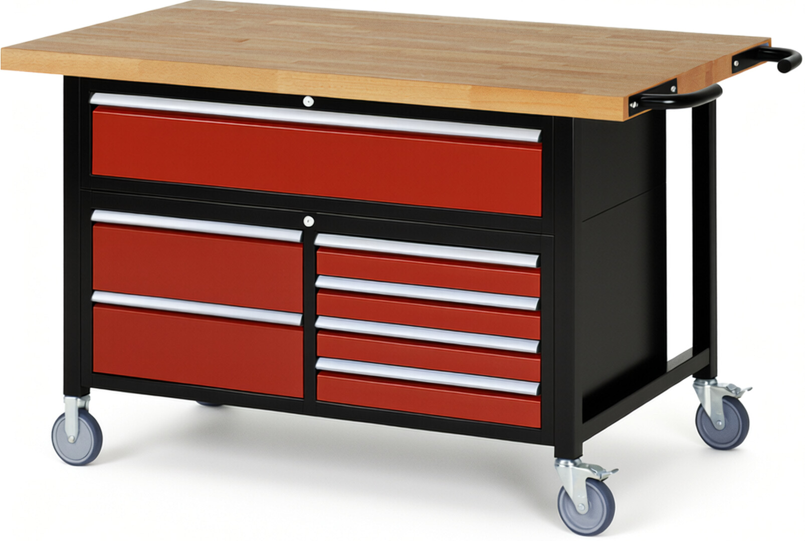 RAU Werkbank schwarz - rot - Breite 150 cm - Tiefe 90 cm - Höhe 112 cm - Buche-Massiv Arbeitsplatte 40 mm