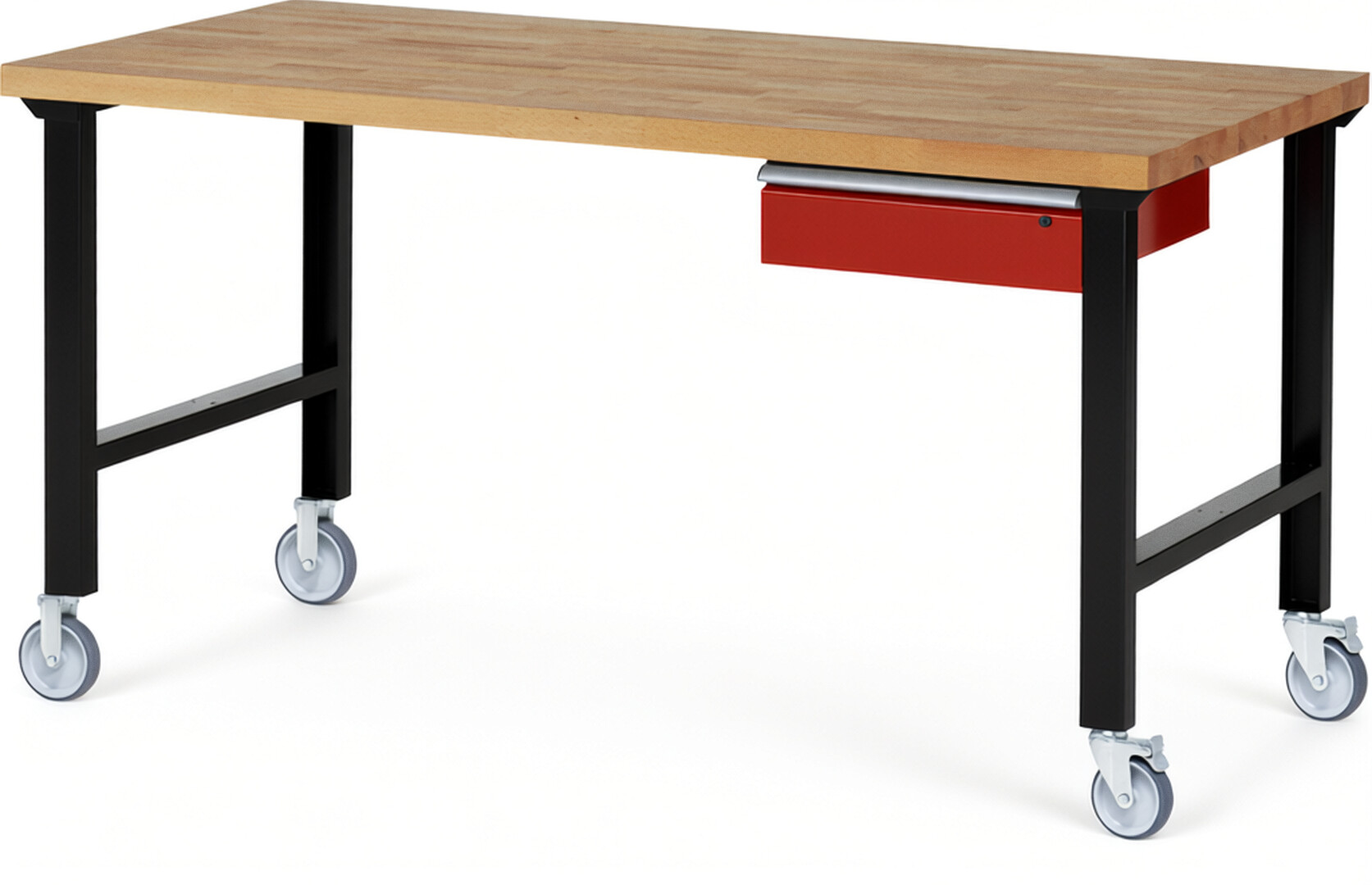 Fahrbare Werkbank Modell 7001 schwarz-rot, BxTxH 2000x900x1000 mm,  Buche-Massiv Arbeitsplatte 40 mm,  1 Schublade mit  Auszug 90 %