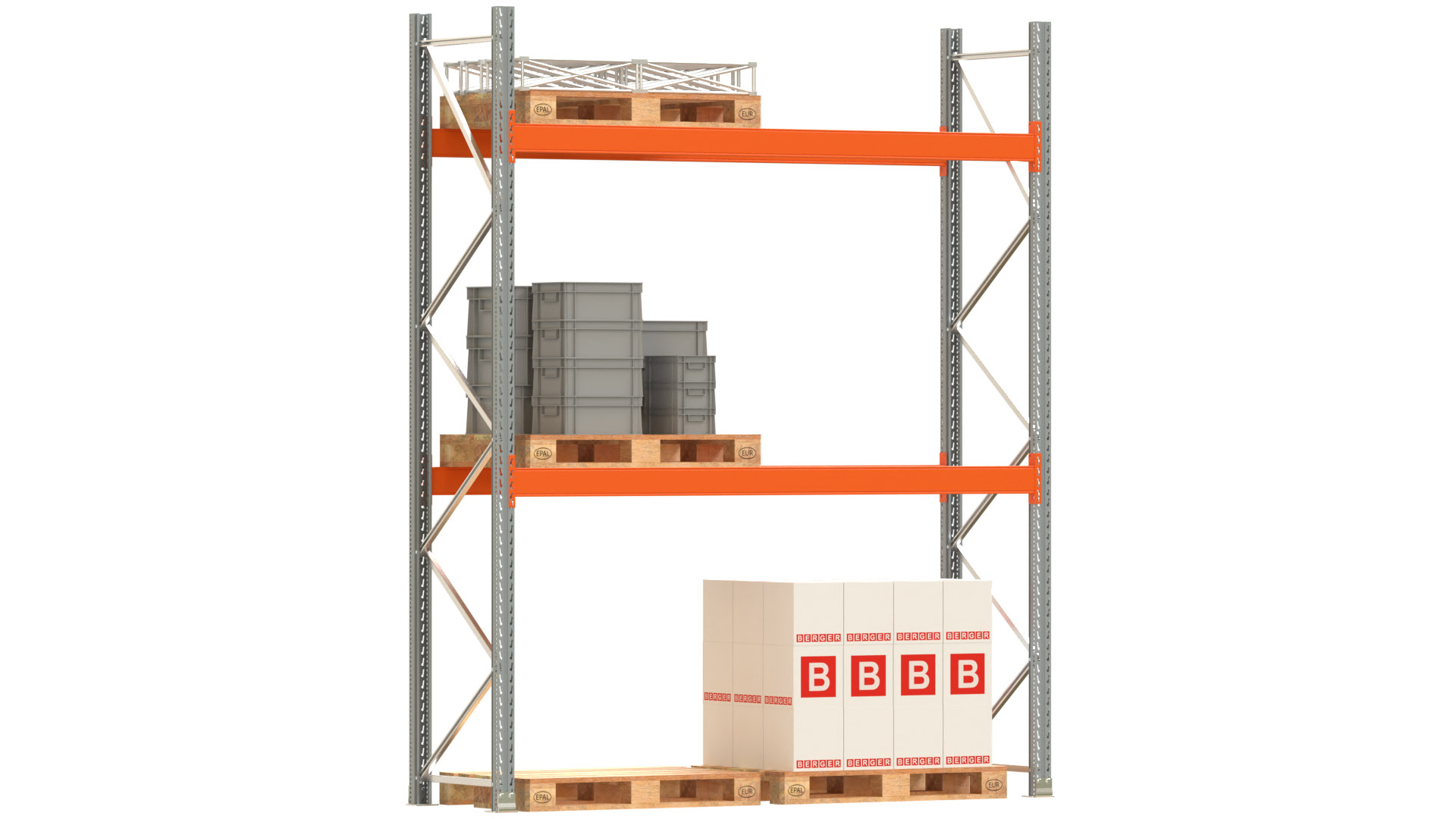Palettenregal ARTUS - Breite 287 cm - Höhe 350 cm - Tiefe 80 cm - 2 Träger-Ebenen - Fachlast 3000 kg - 6 Palettenstellplätze