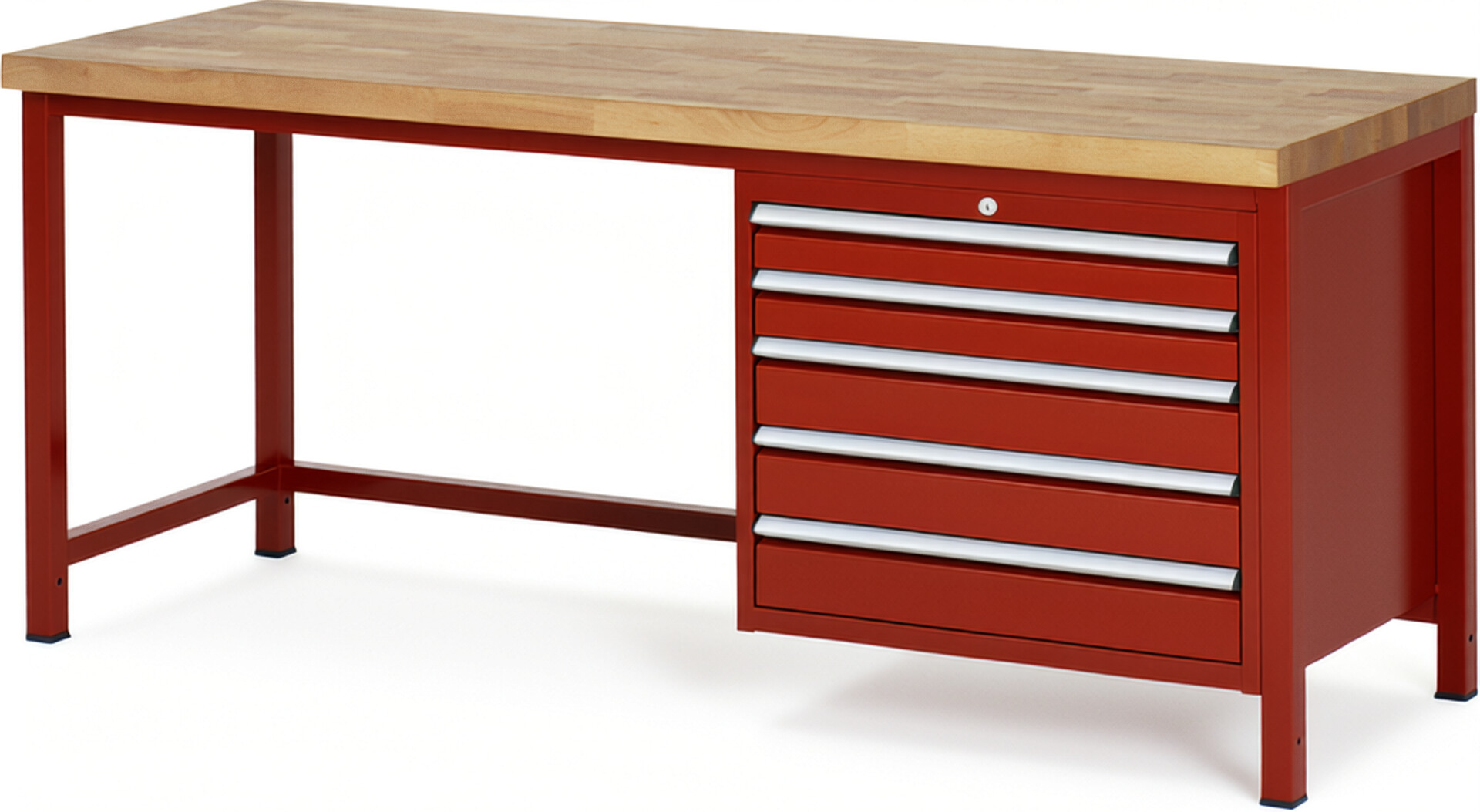Werkbank Modell 8271 rot, BxTxH 2000x700x840-1040 mm,  Buche-Massiv Arbeitsplatte 40 mm,  5 Schubladen mit  Vollauszug 100 % und  SoftClosing