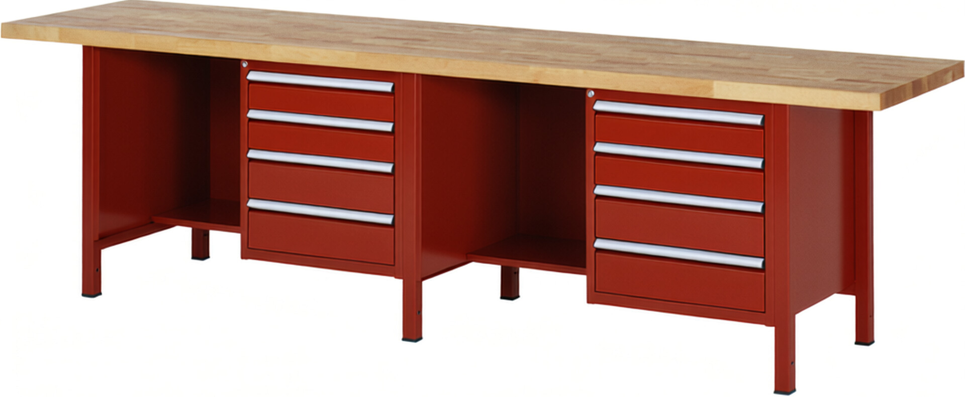 Werkbank Modell 8453 rot, BxTxH 3000x700x840-1040 mm,  Buche-Massiv Arbeitsplatte 40 mm,  8 Schubladen mit  Auszug 90 %