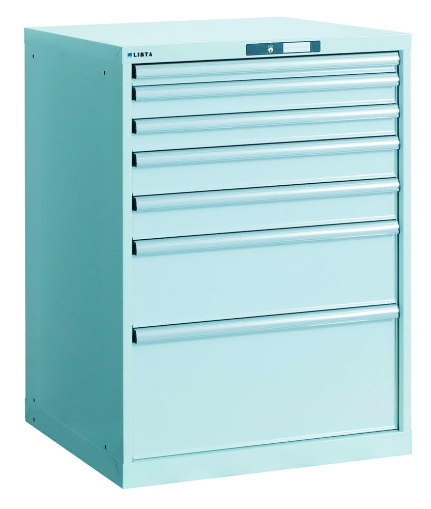 ESD Schubladenschrank, 3 Schubladen 1 x 50 mm, 1 x 100 mm, 1 x 150 mm, Tragl./Schubl. 75 kg, BxTxH 459x612x383 mm, Zylinderschloss, RAL7016