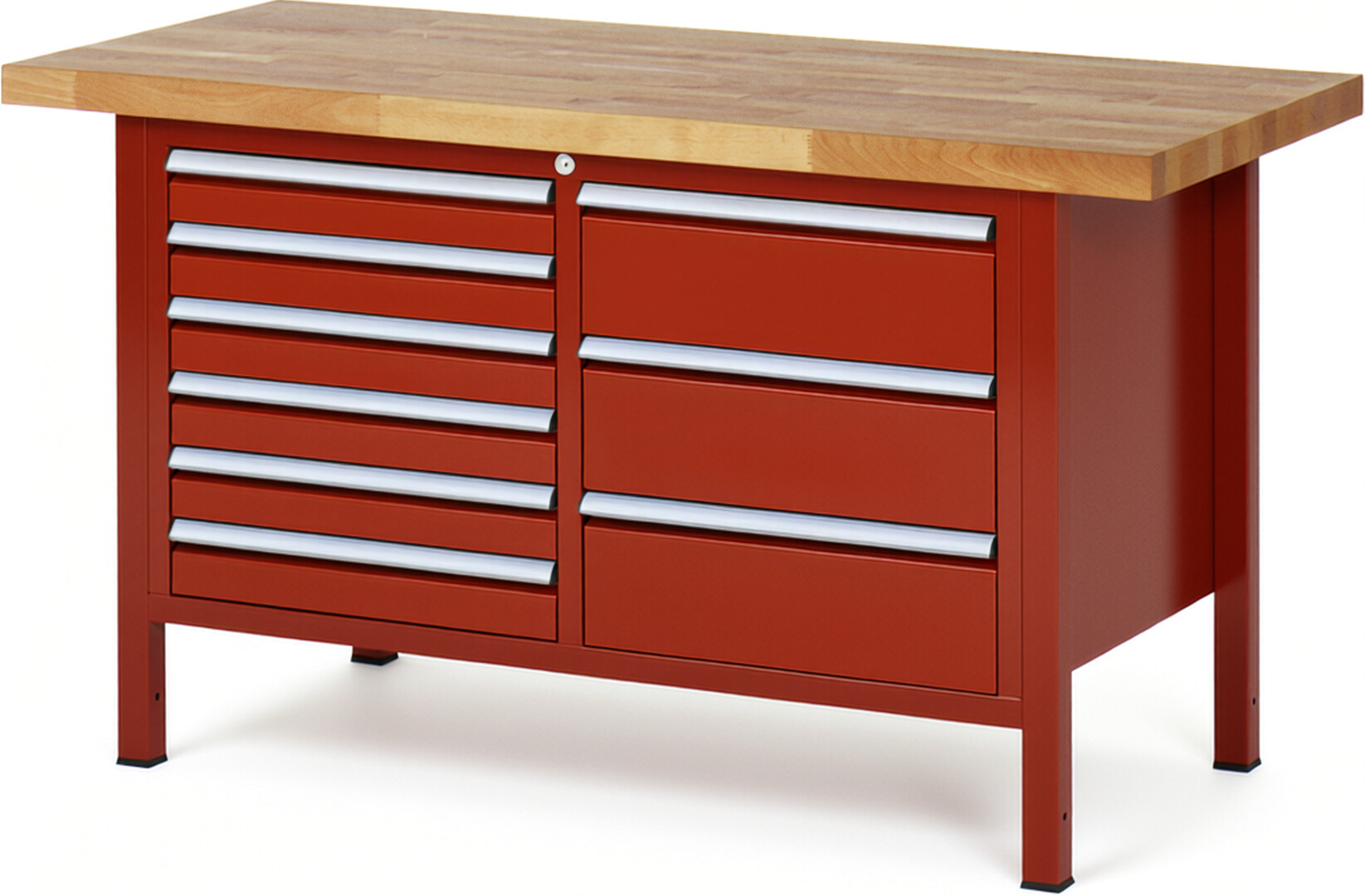 Werkbank Modell 8479 rot, BxTxH 1500x700x840 mm,  Buche-Massiv Arbeitsplatte 40 mm,  9 Schubladen mit  Vollauszug 100 % und  SoftClosing