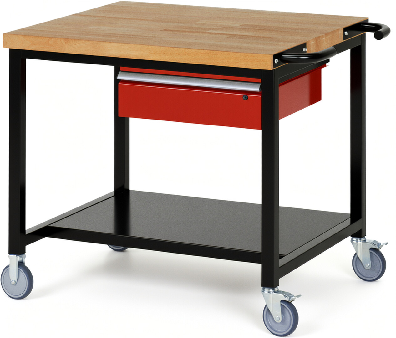 Fahrbare Werkbank Modell 8001 schwarz-rot, BxTxH 1000x900x880 mm,  Buche-Massiv Arbeitsplatte 40 mm,  1 Schublade mit  Auszug 90 %