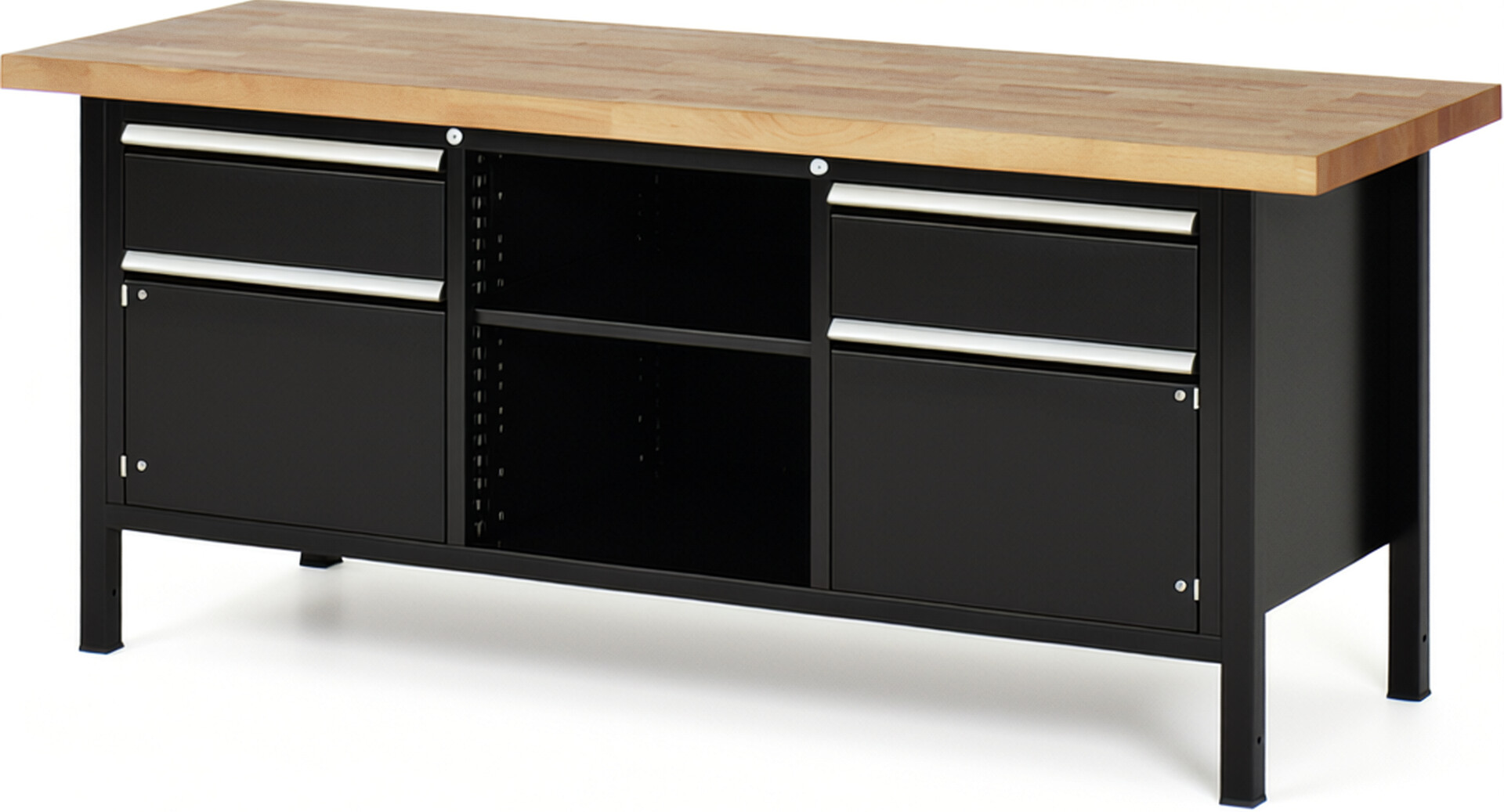 Werkbank Modell 8561 schwarz, BxTxH 2000x700x840-1040 mm,  Buche-Massiv Arbeitsplatte 40 mm,  2 Schubladen mit  Auszug 90 %