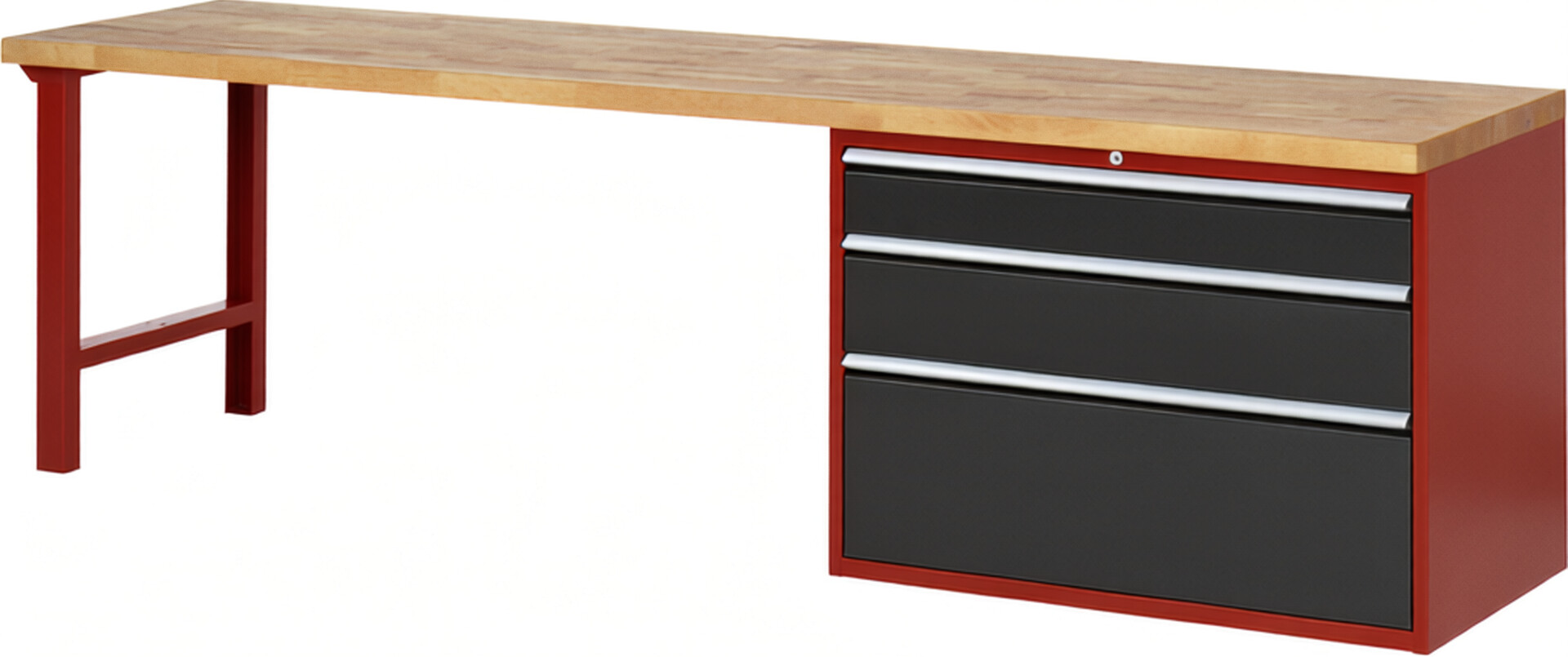 Werkbank Modell 7708 rot - schwarz, BxTxH 3000x700x890 mm,  Buche-Massiv Arbeitsplatte 40 mm,  3 Schubladen mit  Auszug 90 %