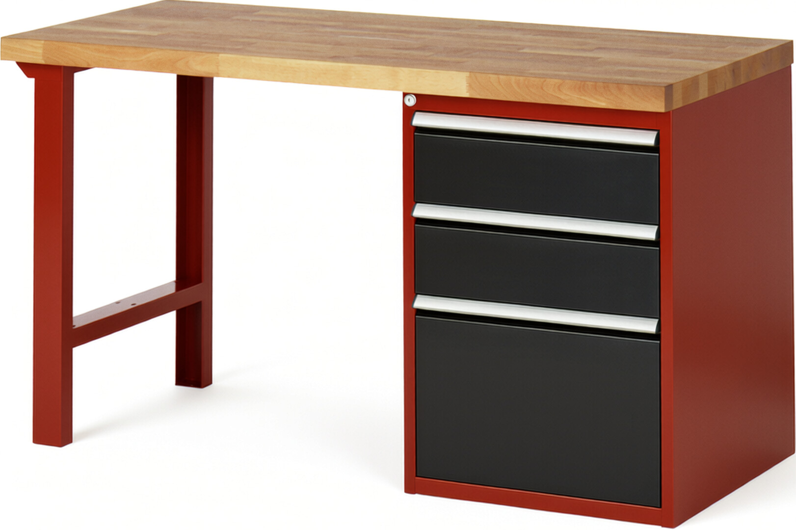 Werkbank Modell 7507 rot - schwarz, BxTxH 1500x700x890 mm,  Buche-Massiv Arbeitsplatte 40 mm,  3 Schubladen mit  Auszug 90 %