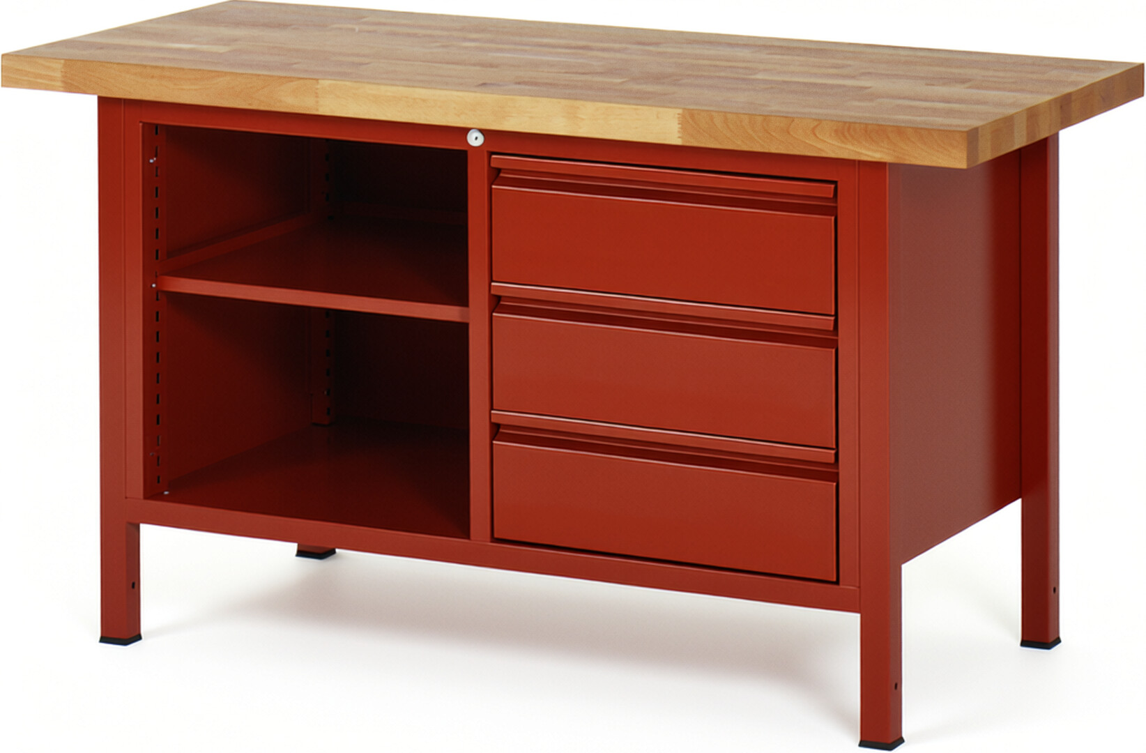 Werkbank rot, BxTxH 1500x700x840 mm, Platte Buche 40 mm, 3 Schublade 180 mm, 1 Fachboden, RAL 3000/3000
