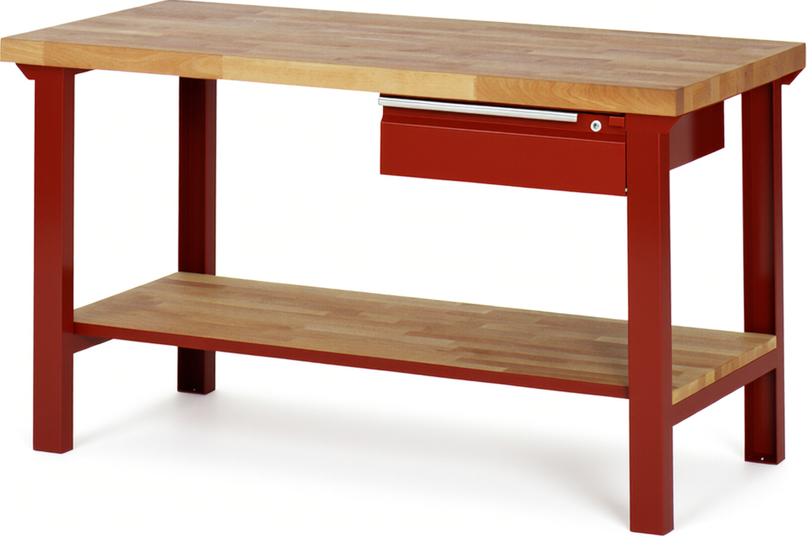Werkbank - Modell 7001 BASIC rot, BxTxH 1500x700x840 mm,  Buche-Massiv Arbeitsplatte 40 mm,  1 Schublade mit  Auszug 90 %