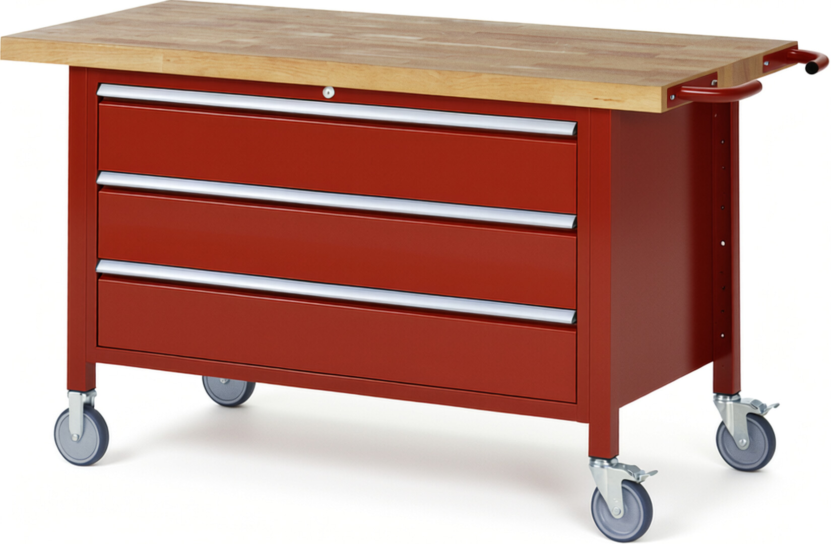 Fahrbare Werkbank Modell 8357 rot, BxTxH 1500x700x880 mm,  Buche-Massiv Arbeitsplatte 40 mm,  3 Schubladen mit  Vollauszug 100 % und  SoftClosing