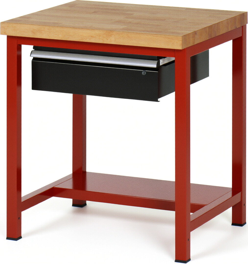 Werkbank Modell 8001 rot - schwarz, BxTxH 750x700x840-1040 mm,  Buche-Massiv Arbeitsplatte 40 mm,  1 Schublade mit  Auszug 90 %