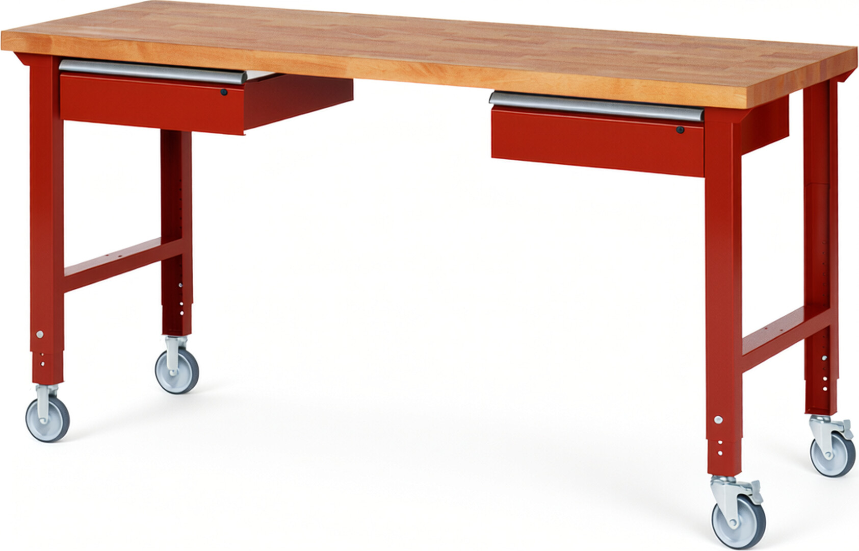 Fahrbare Werkbank Modell 7002 rot, BxTxH 2000x700x950-1000 mm,  Buche-Massiv Arbeitsplatte 40 mm,  2 Schubladen mit  Auszug 90 %