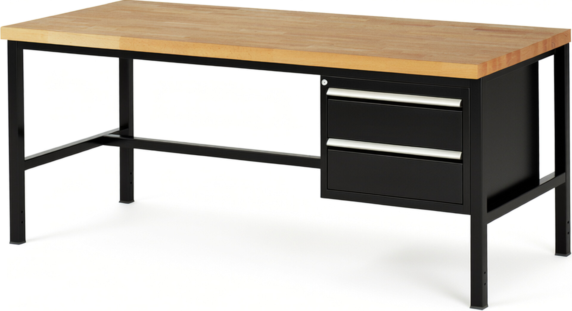 Werkbank Modell 8125 schwarz, BxTxH 2000x900x840-1040 mm,  Buche-Massiv Arbeitsplatte 40 mm,  2 Schubladen mit  Auszug 90 %