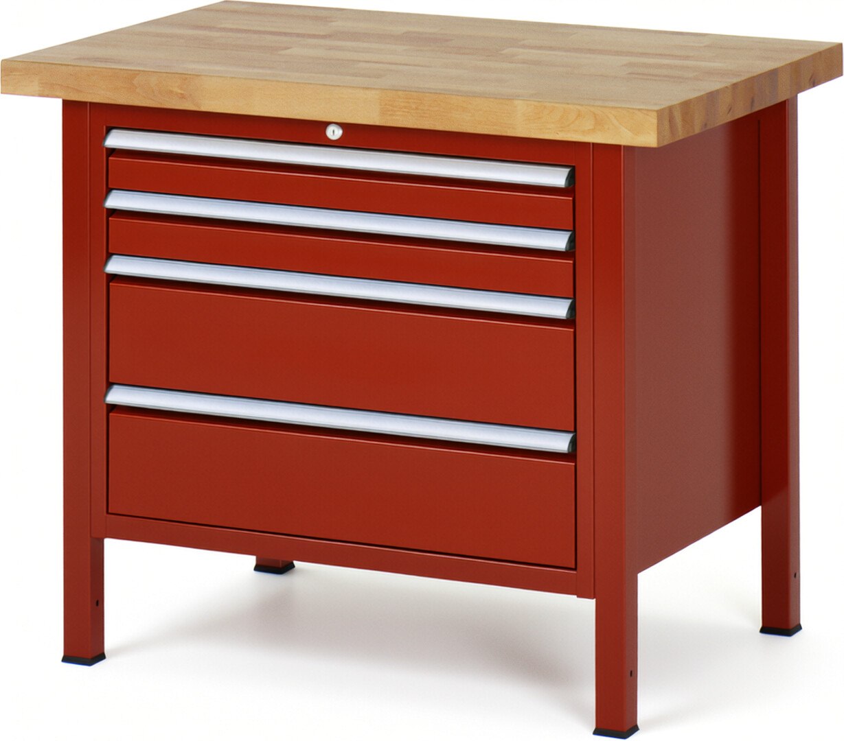 Werkbank Modell 8261 rot, BxTxH 1000x700x840-1040 mm,  Buche-Massiv Arbeitsplatte 40 mm,  4 Schubladen mit  Auszug 90 %