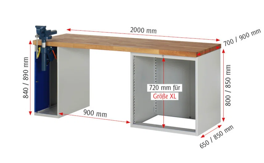 Werkbank Modell 7610 rot - schwarz, BxTxH 2000x700x840 mm,  Buche-Massiv Arbeitsplatte 40 mm,  4 Schubladen mit  Vollauszug 100 % und  SoftClosing