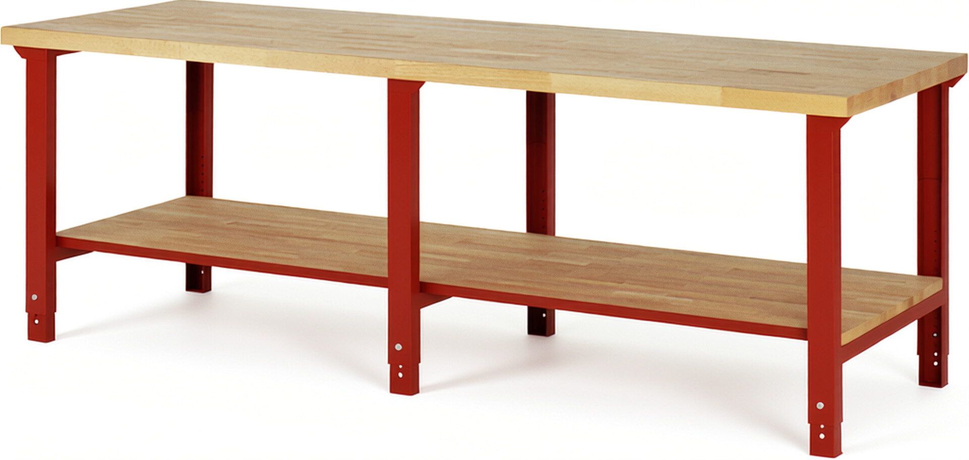 Werkbank Modell 7000 rot, BxTxH 2500x900x790-1140 mm,  Buche-Massiv Arbeitsplatte 40 mm
