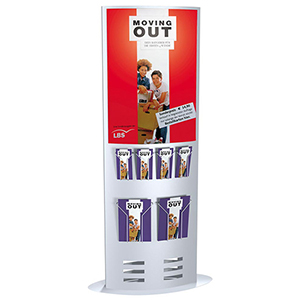 Prospektständer, Infosäule, zweiseitig nutzbar, zur Aufnahme von DIN A4 bis DIN A1  Wechselrahmen/Prospekthaltern, BxTxH 770x330x1850 mm, alusilber