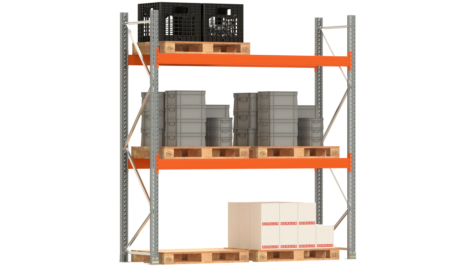 Palettenregal ARTUS - Breite 287 cm - Höhe 300 cm - Tiefe 80 cm - 2 Träger-Ebenen - Fachlast 3000 kg - 6 Palettenstellplätze