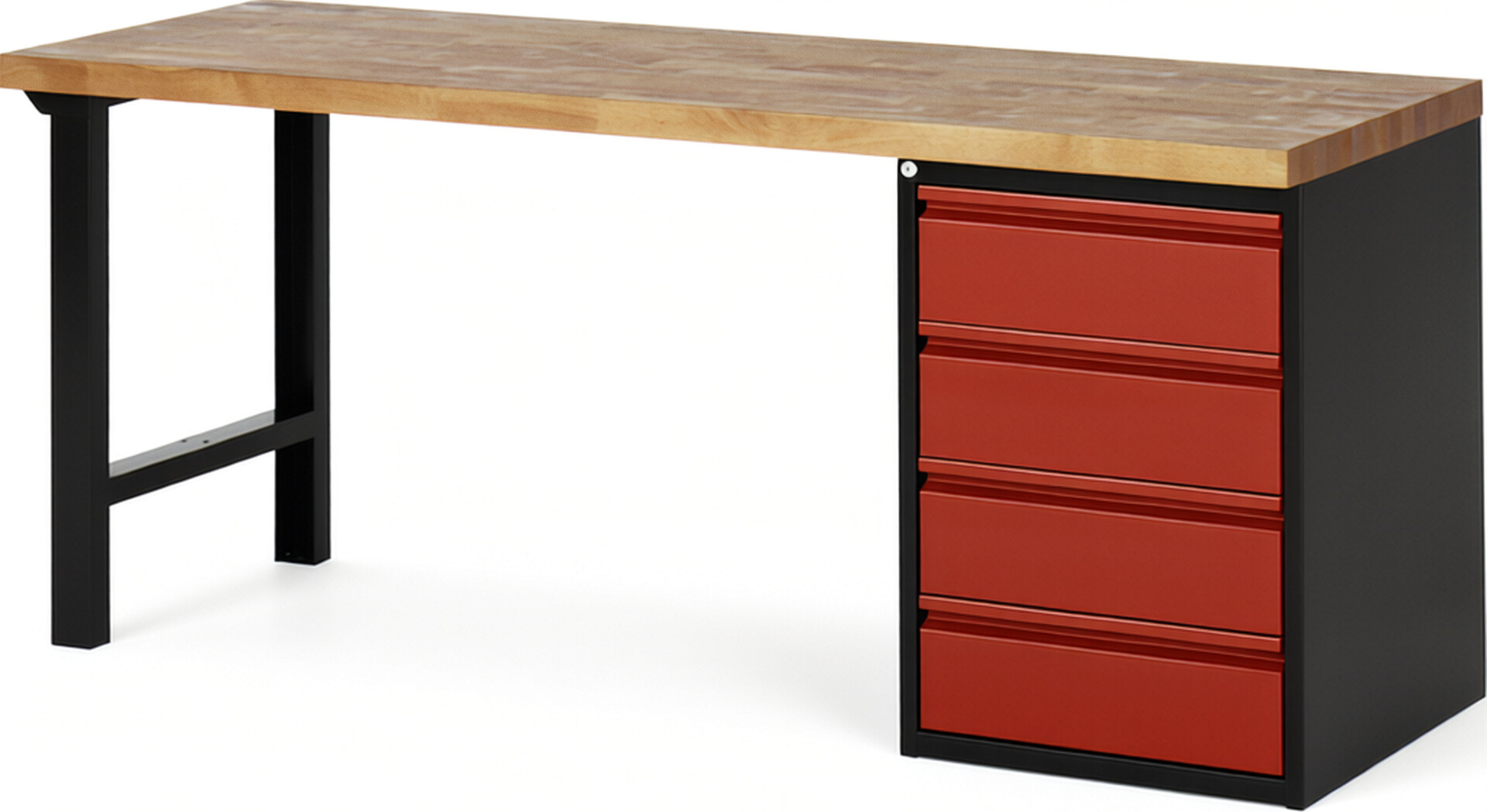 Werkbank schwarz - rot, Breite 200 cm, Tiefe 70 cm, Höhe 84 cm, 4 Schublade(n), Platte: Buche-Massiv-Arbeitsplatte