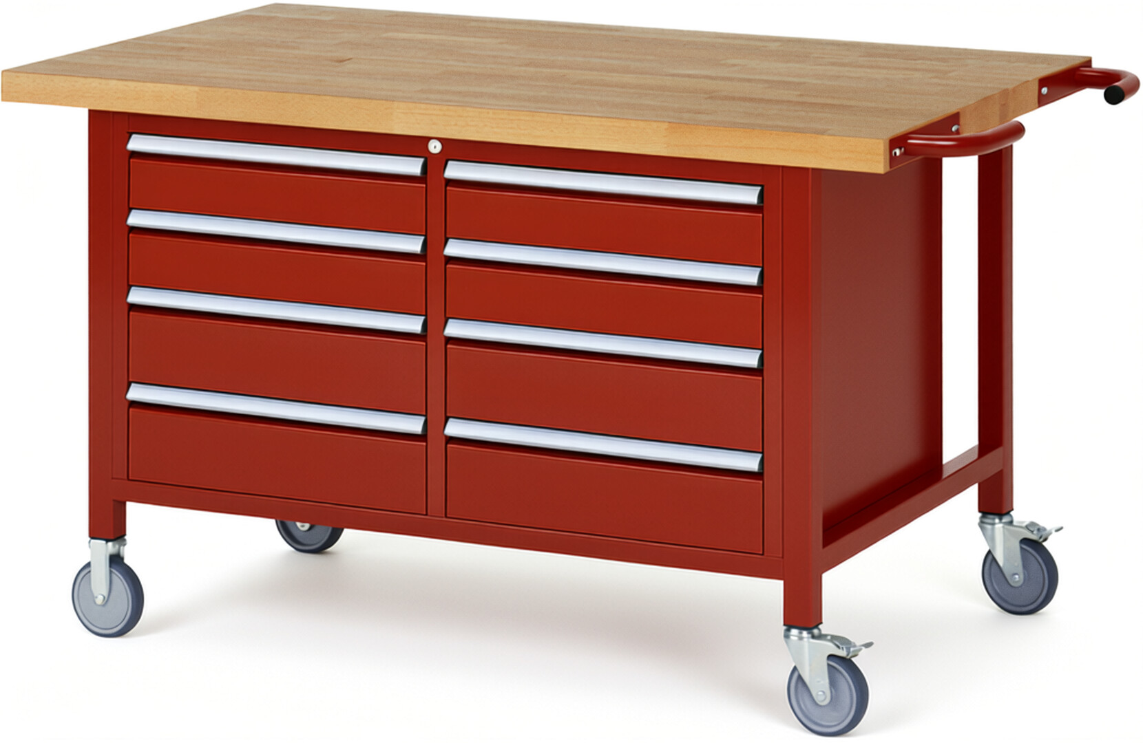 RAU Werkbank rot - Breite 150 cm - Tiefe 90 cm - Höhe 108 cm - Buche-Massiv Arbeitsplatte 40 mm