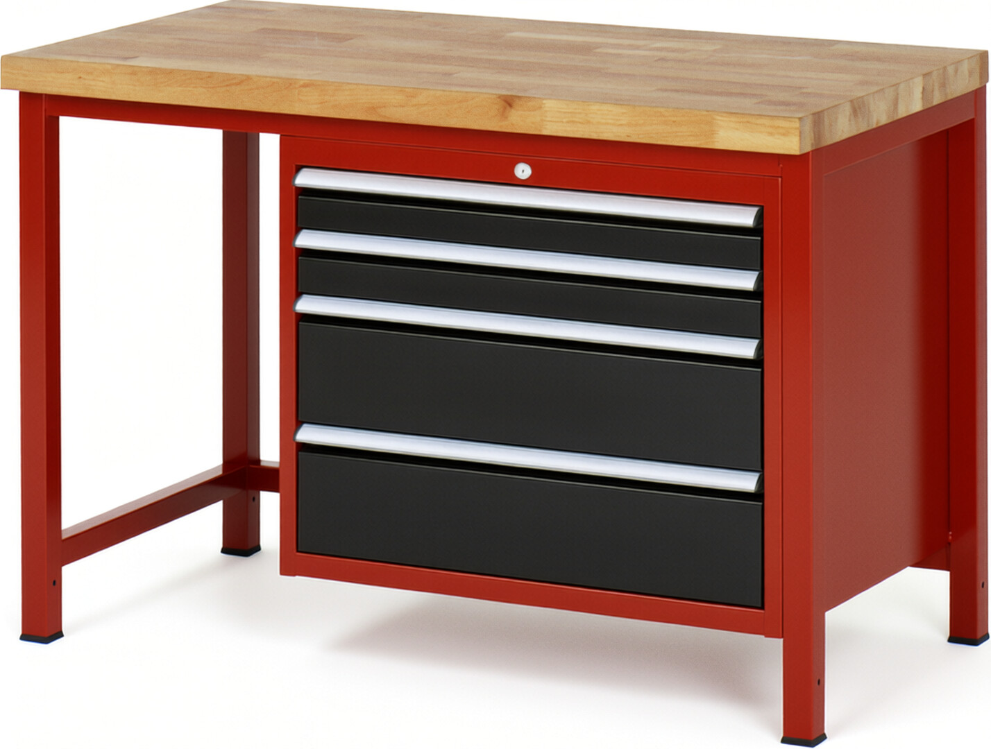 Werkbank Modell 8261 rot - schwarz, BxTxH 1250x700x840-1040 mm,  Buche-Massiv Arbeitsplatte 40 mm,  4 Schubladen mit  Vollauszug 100 % und  SoftClosing