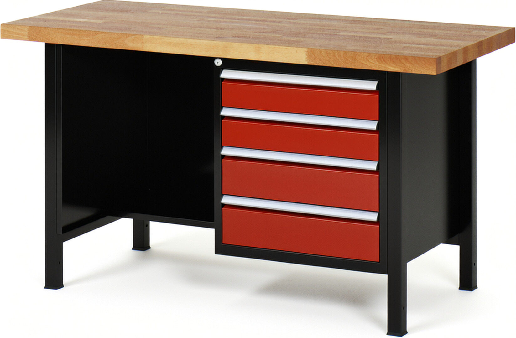 RAU Werkbank schwarz - rot - Breite 150 cm - Tiefe 70 cm - Höhe 104 cm - Buche-Massiv Arbeitsplatte 40 mm