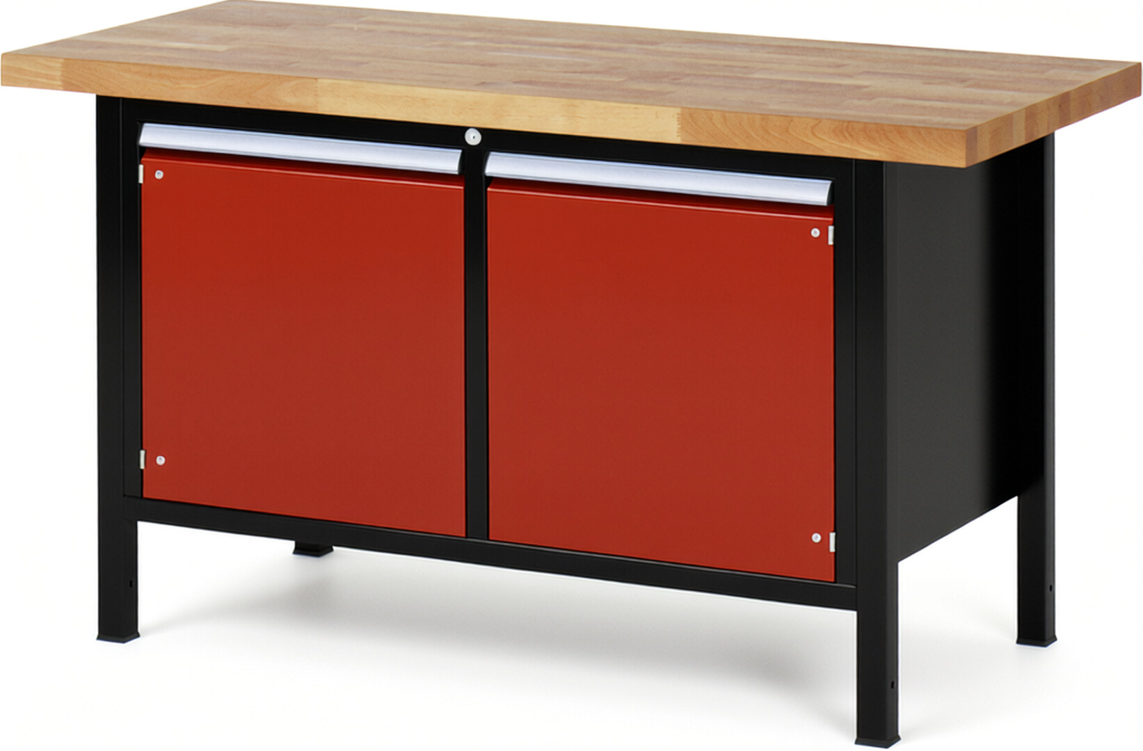 RAU Werkbank schwarz - rot - Breite 150 cm - Tiefe 70 cm - Höhe 104 cm - Buche-Massiv Arbeitsplatte 40 mm