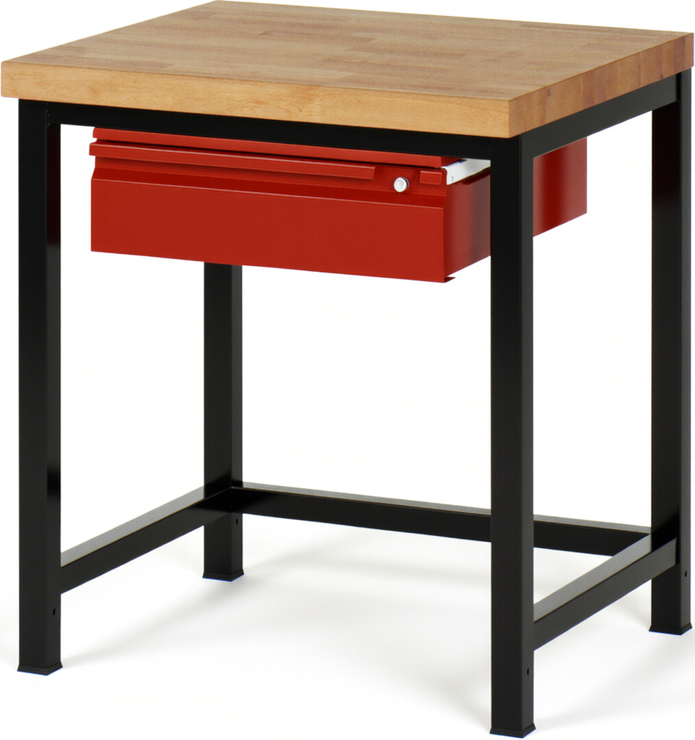 Werkbank schwarz - rot, Breite 75 cm, Tiefe 70 cm, Höhe 84 cm, 1 Schublade(n), Platte: Buche-Massiv-Arbeitsplatte