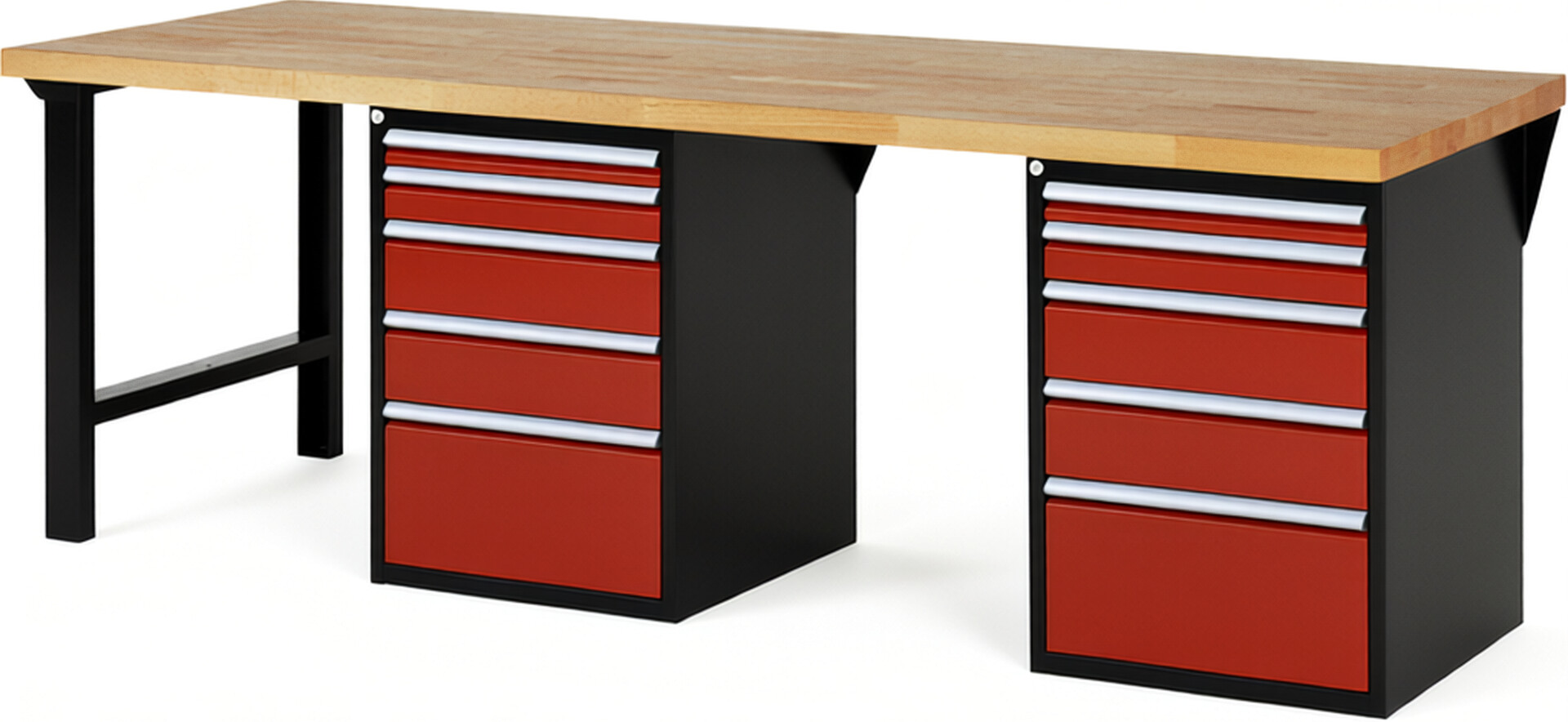 Werkbank Modell 7511 schwarz-rot, BxTxH 2500x900x890 mm,  Buche-Massiv Arbeitsplatte 40 mm,  10 Schubladen mit  Vollauszug 100 % und  SoftClosing
