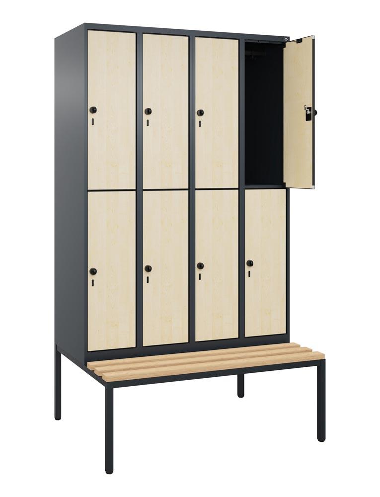 Garderobenschrank mit Sitzbank, BxTxH 600x500/815x2120 mm, 2x2 Fächer, Abt.B 300 mm, doppelstöckig, Holzleisten, RAL 7016/Eiche