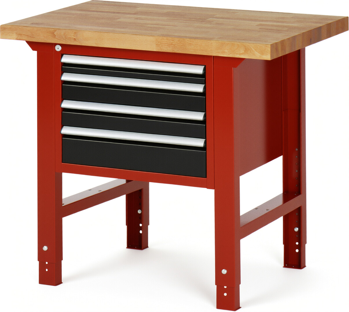 Werkbank Modell 7132 rot - schwarz, BxTxH 1000x700x790-1140 mm,  Buche-Massiv Arbeitsplatte 40 mm,  4 Schubladen mit  Vollauszug 100 % und  SoftClosing