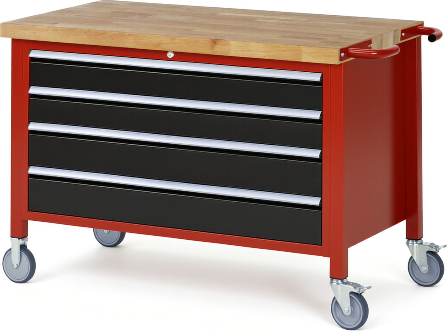 Fahrbare Werkbank Modell 8362 rot - schwarz, BxTxH 1250x700x880 mm,  Buche-Massiv Arbeitsplatte 40 mm,  4 Schubladen mit  Vollauszug 100 % und  SoftClosing