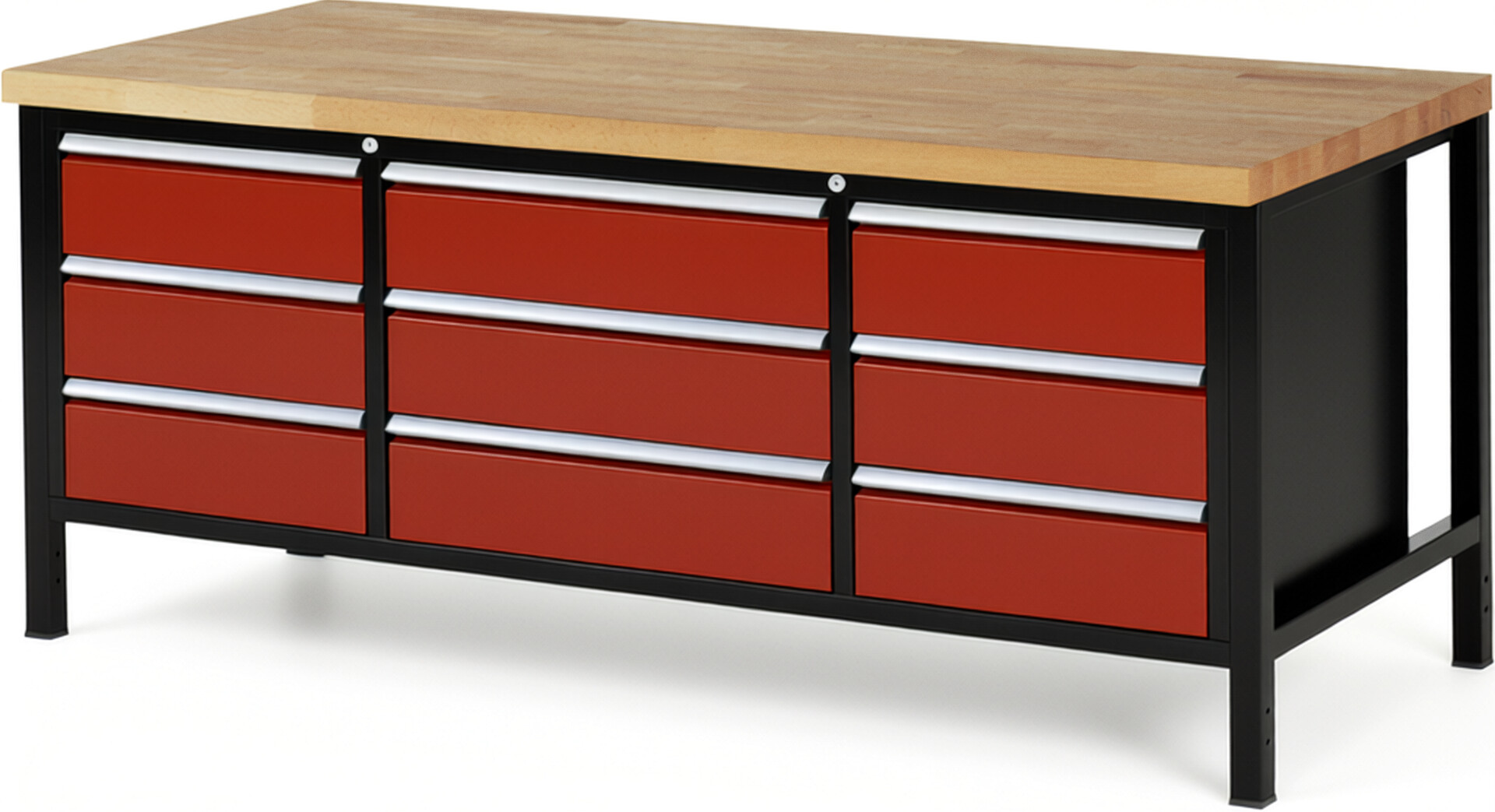 RAU Werkbank schwarz - rot - Breite 200 cm - Tiefe 90 cm - Höhe 104 cm - Buche-Massiv Arbeitsplatte 40 mm